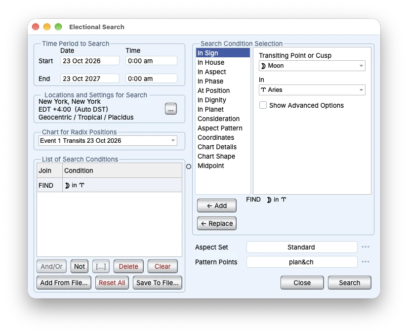 Solar Fire X: Electional search criteria