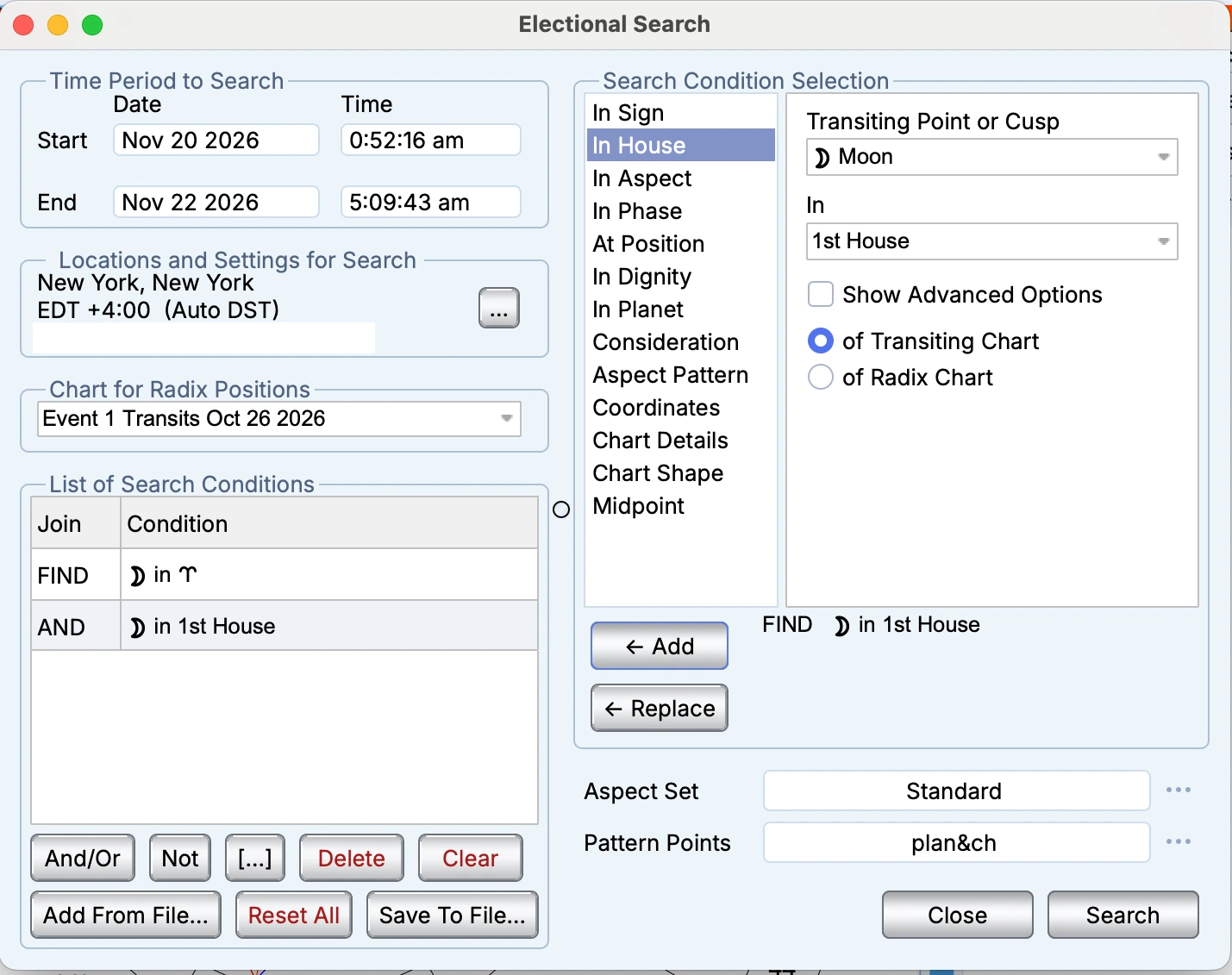 Electional search conditions in Solar Fire X