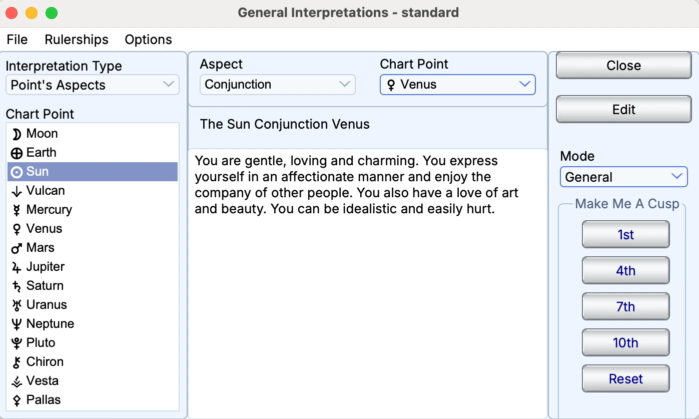 General interpretation library in Solar Fire X