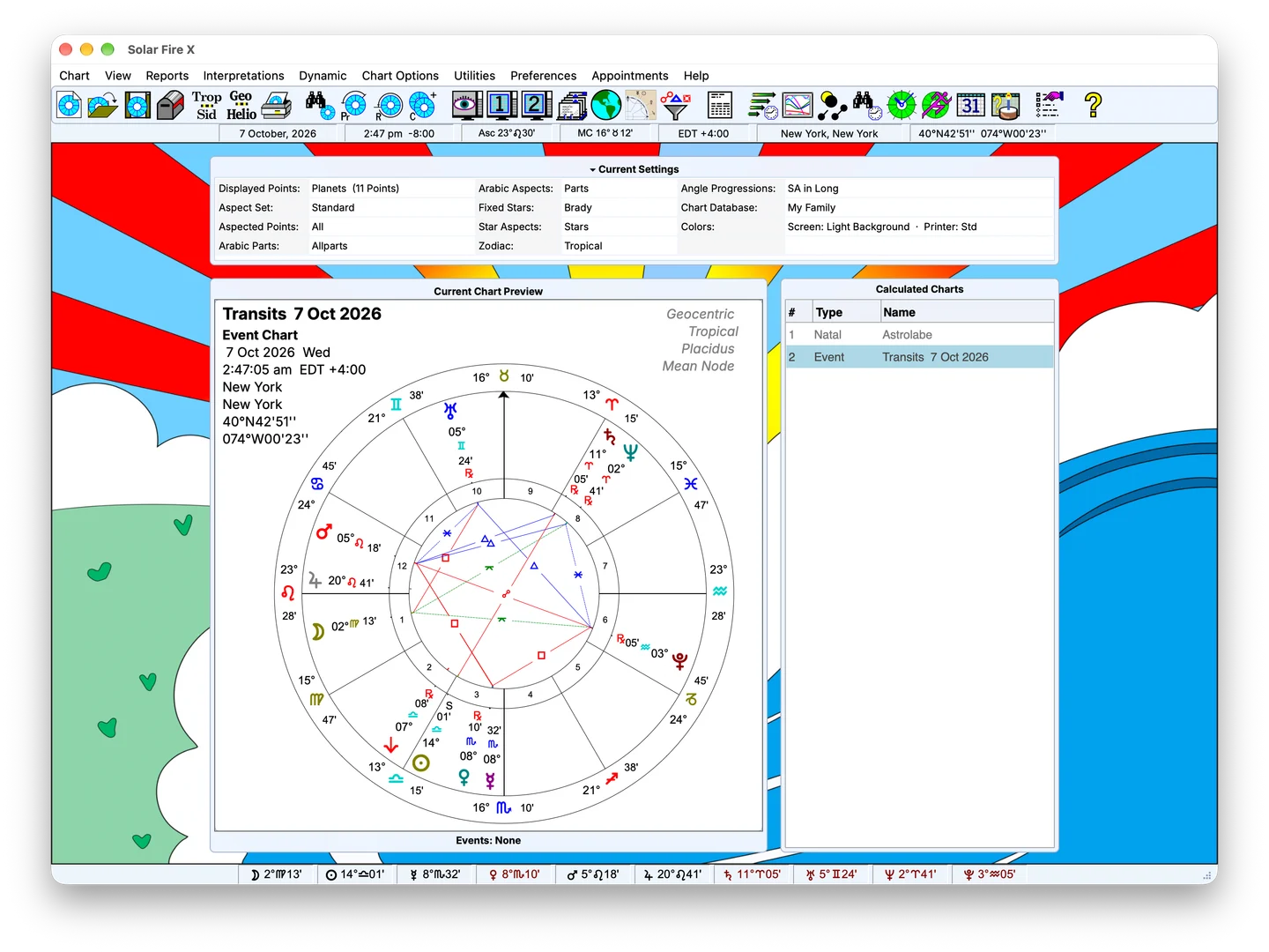 Solar Fire X main screen with chart preview and calculated-chart list